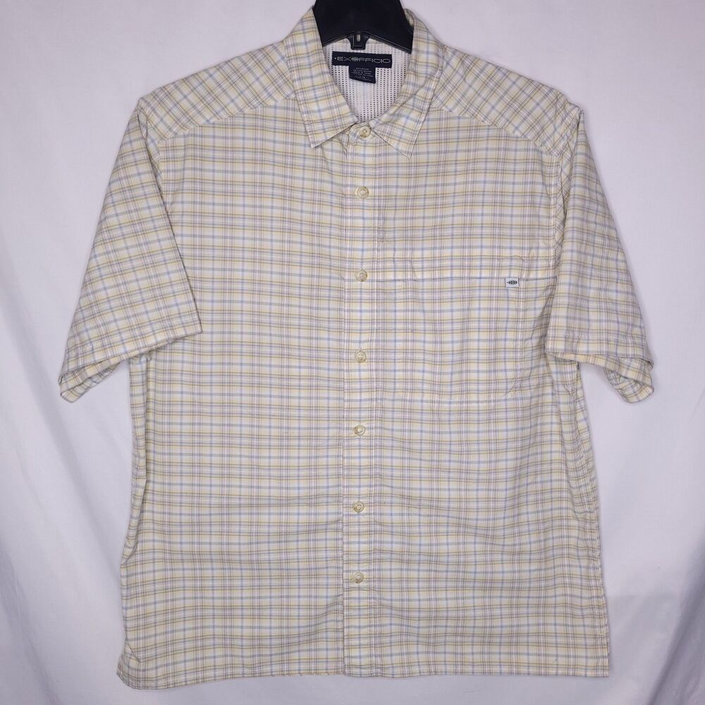 Exofficio Shirt Mens Large Plaid Yellow, Blue Vented Short Sleeve